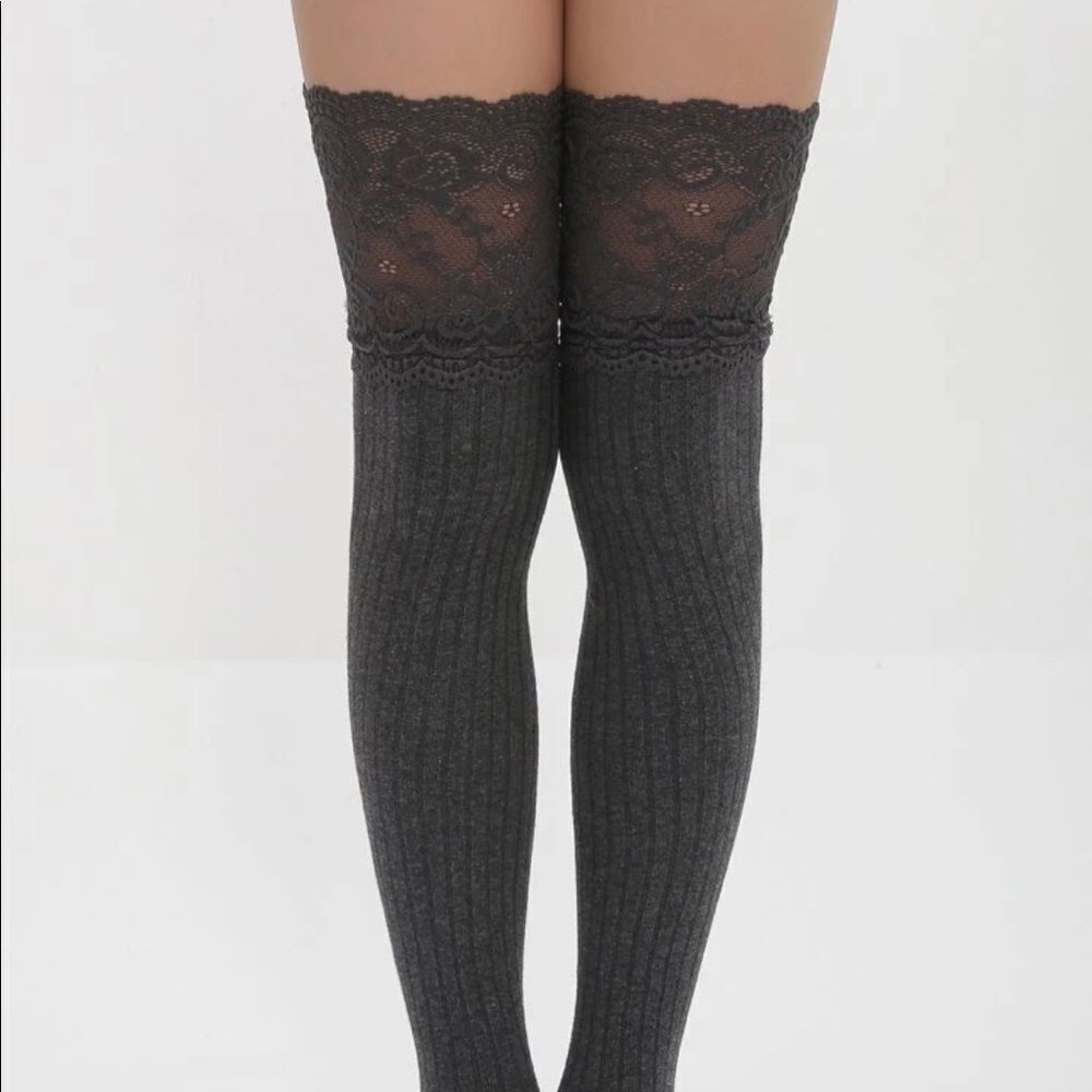 Dark Grey Ruffled Lace Thigh High Socks - Picture 4 of 8